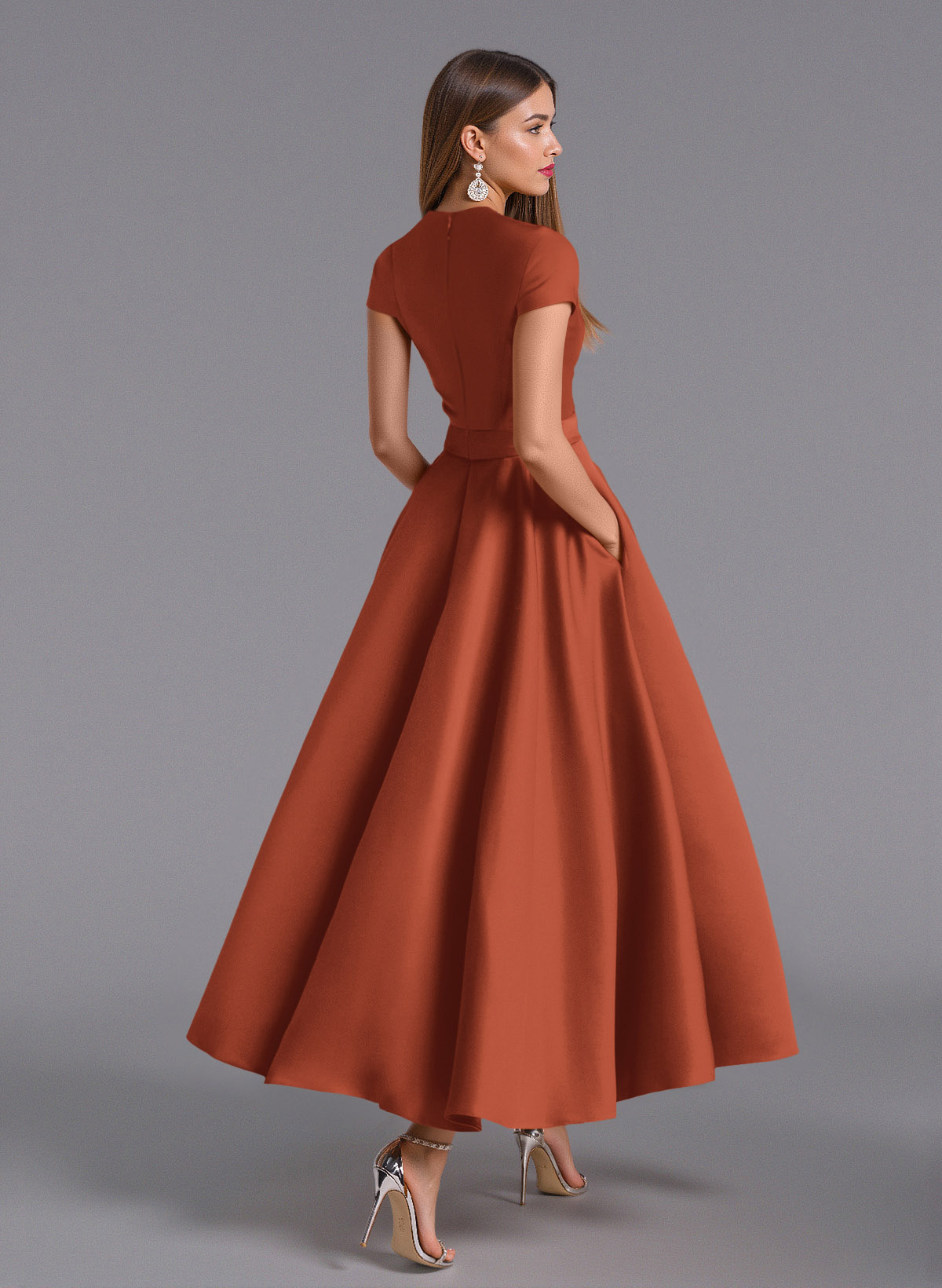 Classic V-Neck Short Sleeves Flower(s) A-Line Ankle-Length Satin Bridesmaid Dresses With Pockets, product image 11