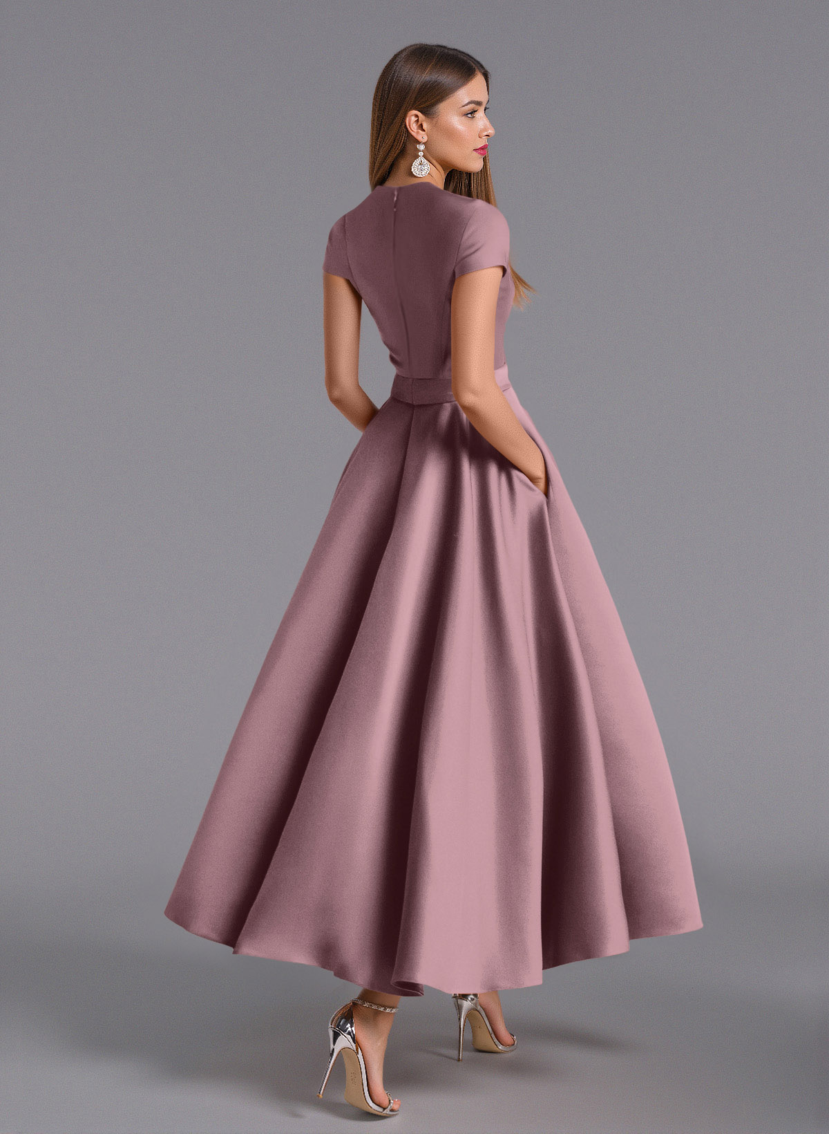 Classic V-Neck Short Sleeves Flower(s) A-Line Ankle-Length Satin Bridesmaid Dresses With Pockets, product image 85