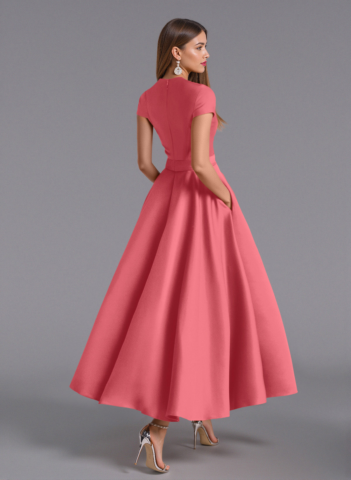 Classic V-Neck Short Sleeves Flower(s) A-Line Ankle-Length Satin Bridesmaid Dresses With Pockets, product image 105