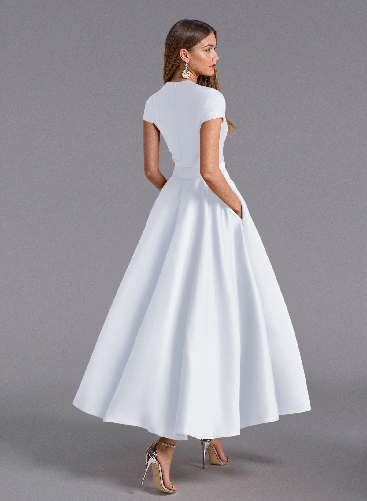 Classic V-Neck Short Sleeves Flower(s) A-Line Ankle-Length Satin Bridesmaid Dresses With Pockets, product image 35