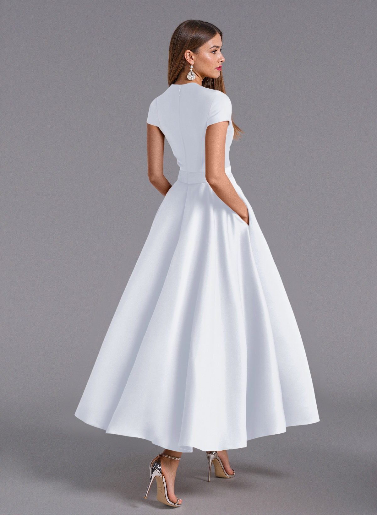 Classic V-Neck Short Sleeves Flower(s) A-Line Ankle-Length Satin Bridesmaid Dresses With Pockets, product image 35
