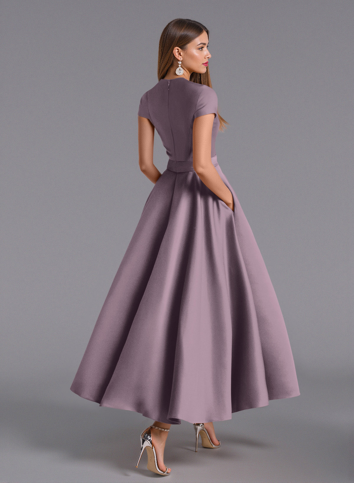 Classic V-Neck Short Sleeves Flower(s) A-Line Ankle-Length Satin Bridesmaid Dresses With Pockets, product image 87
