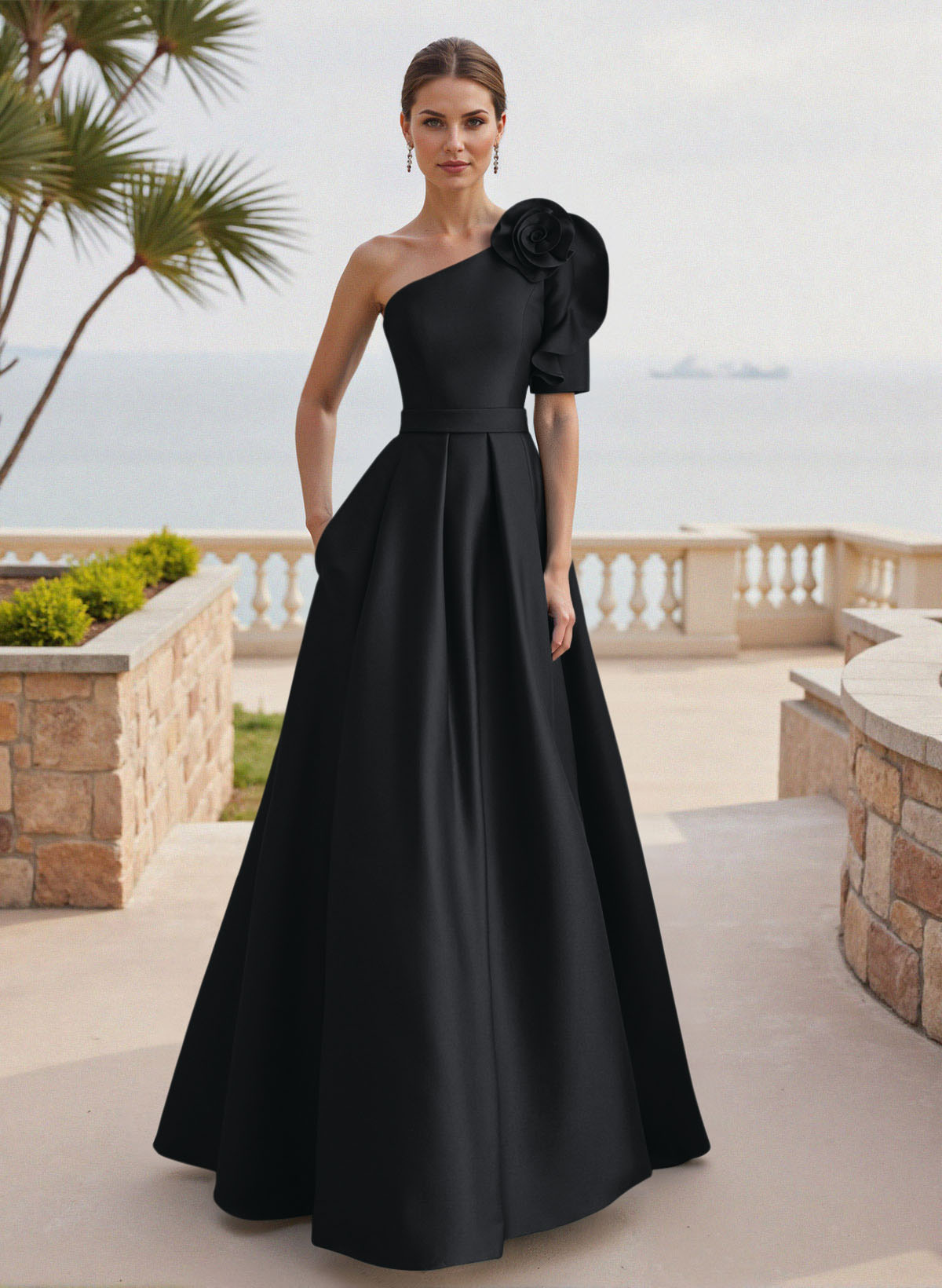 Simple A-Line One-Shoulder 1/2 Sleeves Court Train Satin Mother Of The Bride Dresses With Flower(s)
