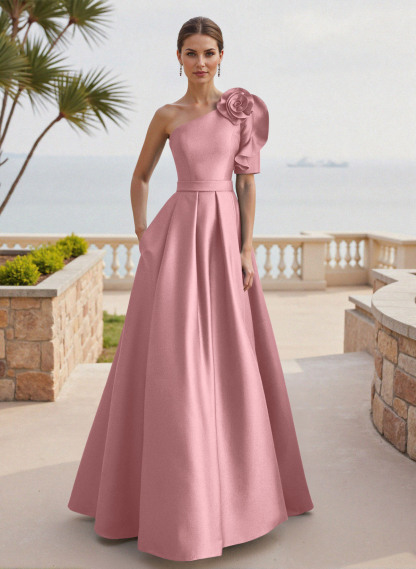 Simple A-Line One-Shoulder 1/2 Sleeves Court Train Satin Mother Of The Bride Dresses With Flower(s)
