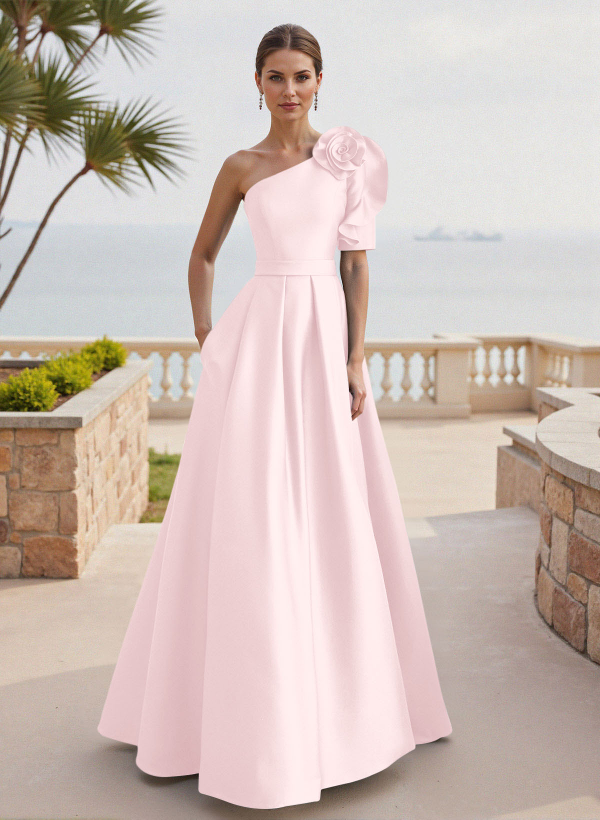 Simple A-Line One-Shoulder 1/2 Sleeves Court Train Satin Mother Of The Bride Dresses With Flower(s)