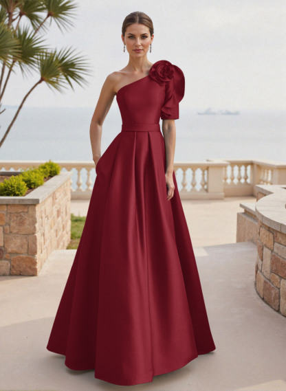Simple A-Line One-Shoulder 1/2 Sleeves Court Train Satin Mother Of The Bride Dresses With Flower(s)