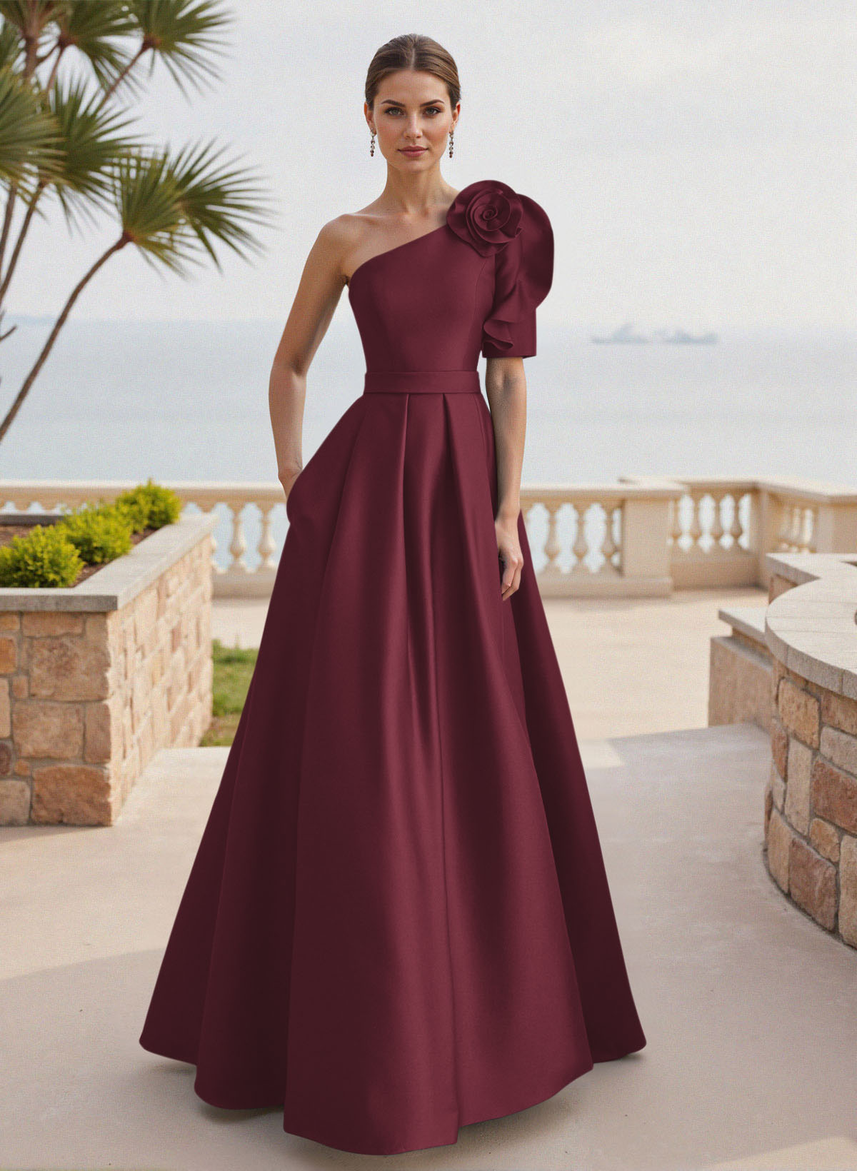 Simple A-Line One-Shoulder 1/2 Sleeves Court Train Satin Mother Of The Bride Dresses With Flower(s)