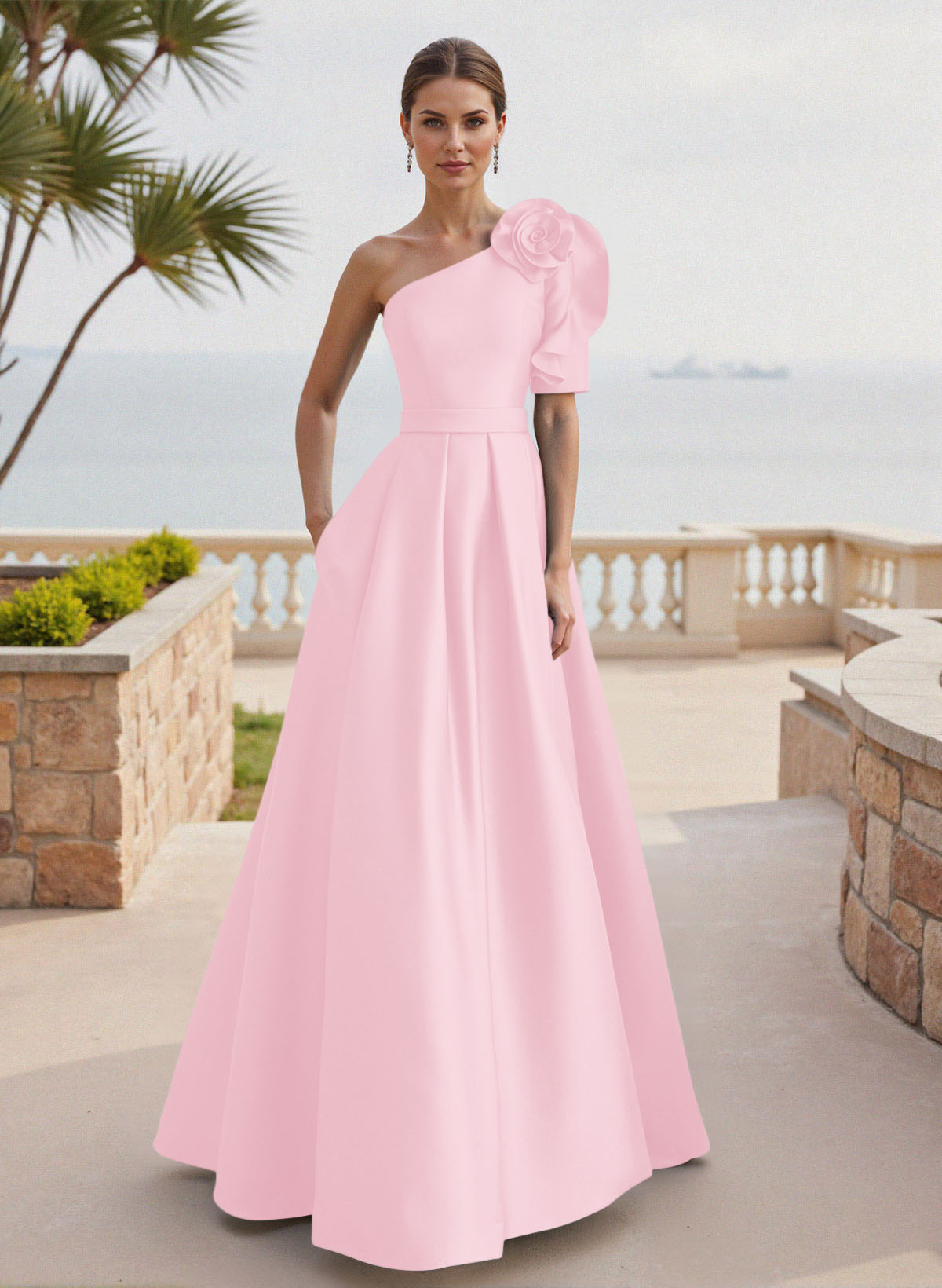 Simple A-Line One-Shoulder 1/2 Sleeves Court Train Satin Mother Of The Bride Dresses With Flower(s)