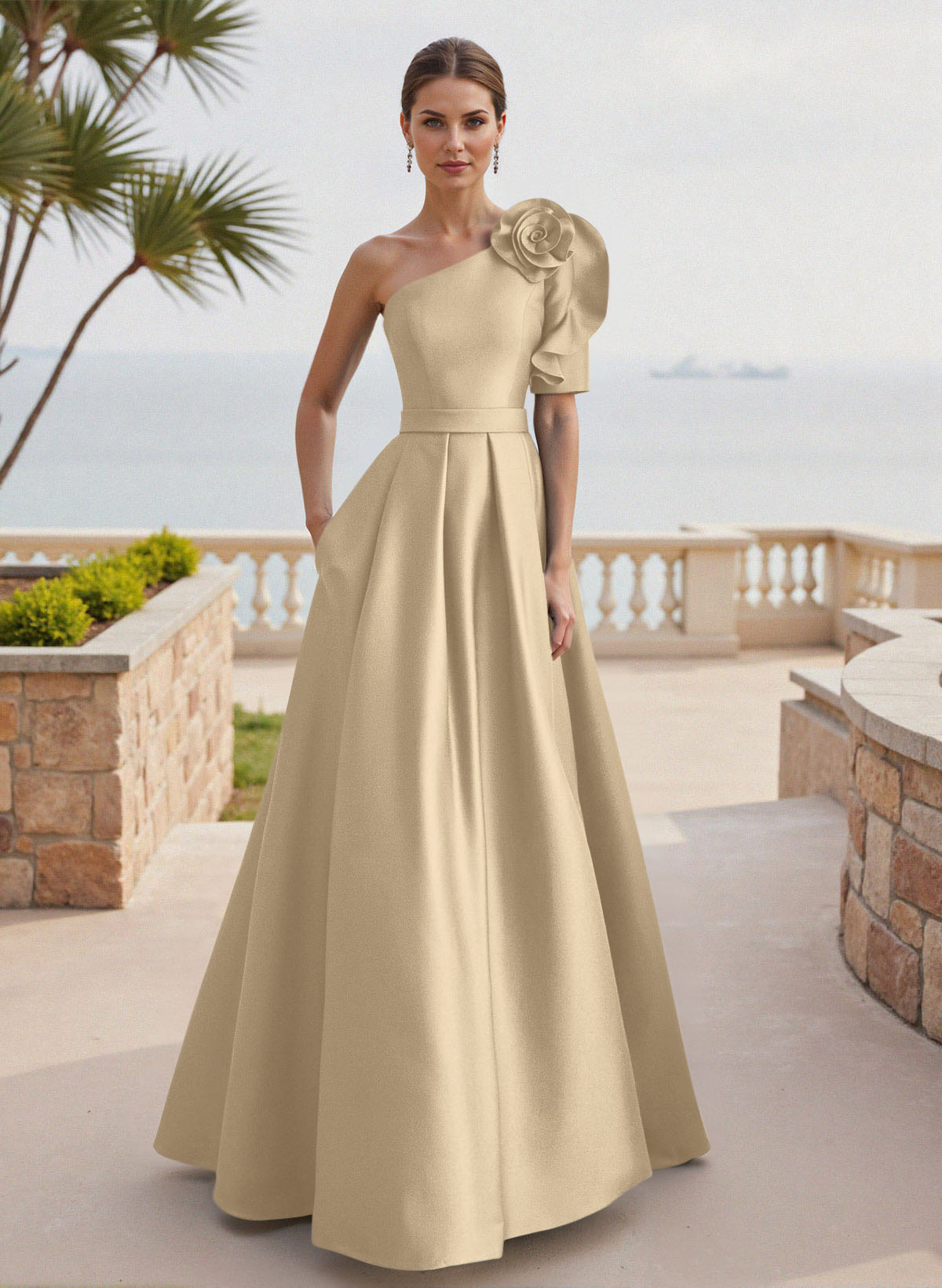 Simple A-Line One-Shoulder 1/2 Sleeves Court Train Satin Mother Of The Bride Dresses With Flower(s)