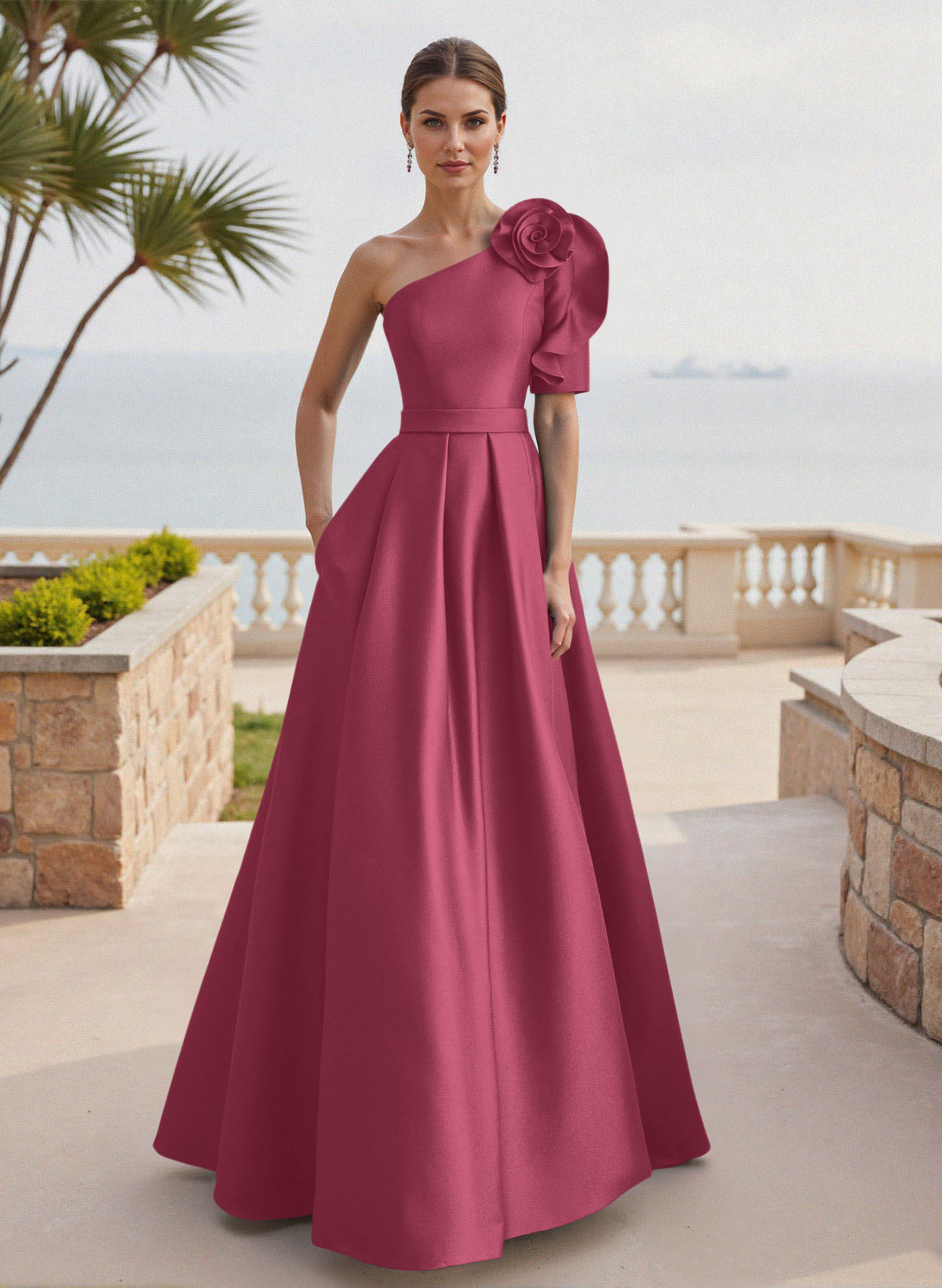 Simple A-Line One-Shoulder 1/2 Sleeves Court Train Satin Mother Of The Bride Dresses With Flower(s)