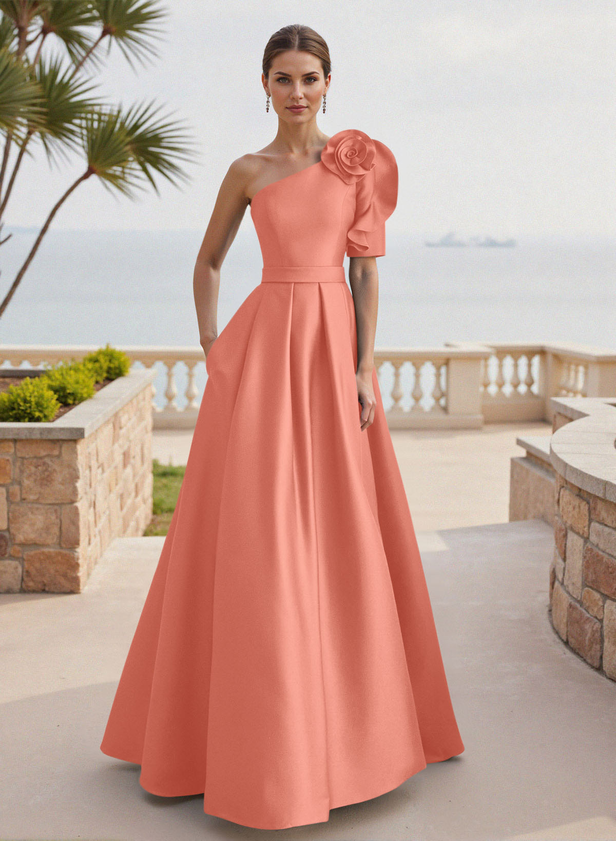 Simple A-Line One-Shoulder 1/2 Sleeves Court Train Satin Mother Of The Bride Dresses With Flower(s)
