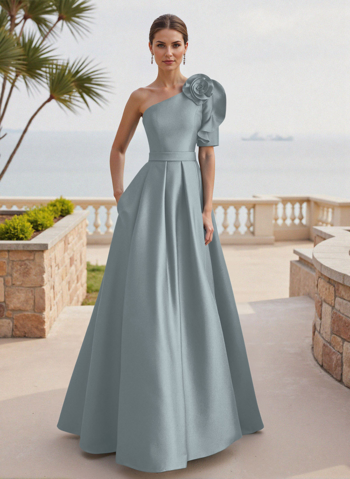 Simple A-Line One-Shoulder 1/2 Sleeves Court Train Satin Mother Of The Bride Dresses With Flower(s)