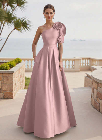 Simple A-Line One-Shoulder 1/2 Sleeves Court Train Satin Mother Of The Bride Dresses With Flower(s)
