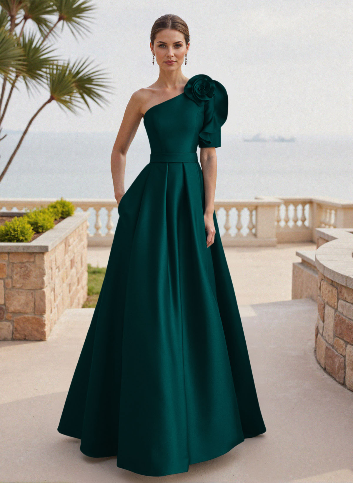 Simple A-Line One-Shoulder 1/2 Sleeves Court Train Satin Mother Of The Bride Dresses With Flower(s)