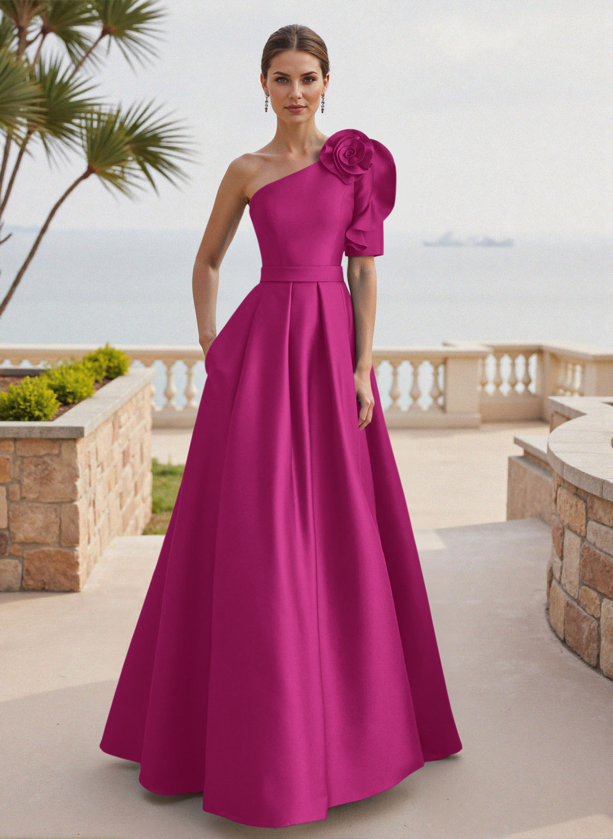 Simple A-Line One-Shoulder 1/2 Sleeves Court Train Satin Mother Of The Bride Dresses With Flower(s)