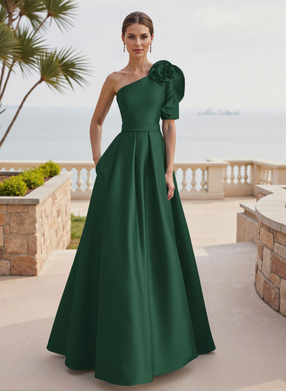Simple A-Line One-Shoulder 1/2 Sleeves Court Train Satin Mother Of The Bride Dresses With Flower(s)
