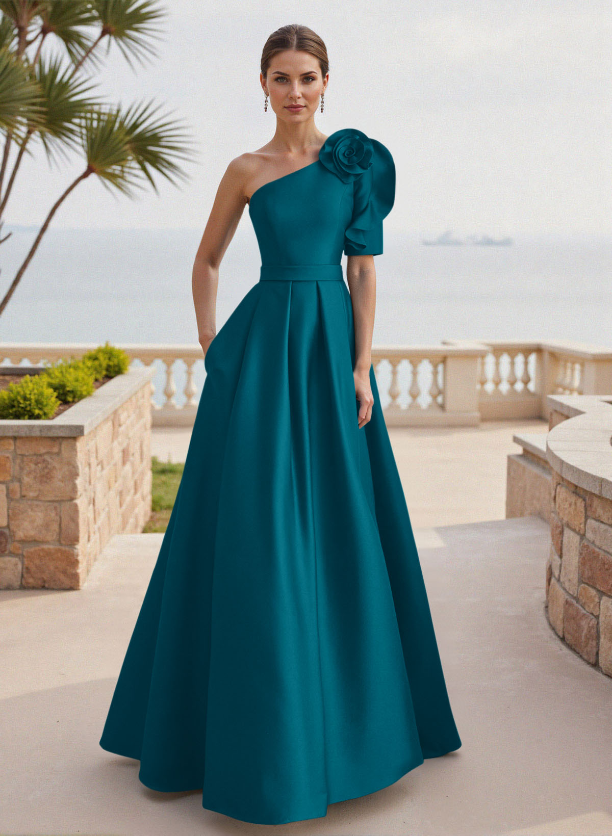 Simple A-Line One-Shoulder 1/2 Sleeves Court Train Satin Mother Of The Bride Dresses With Flower(s)
