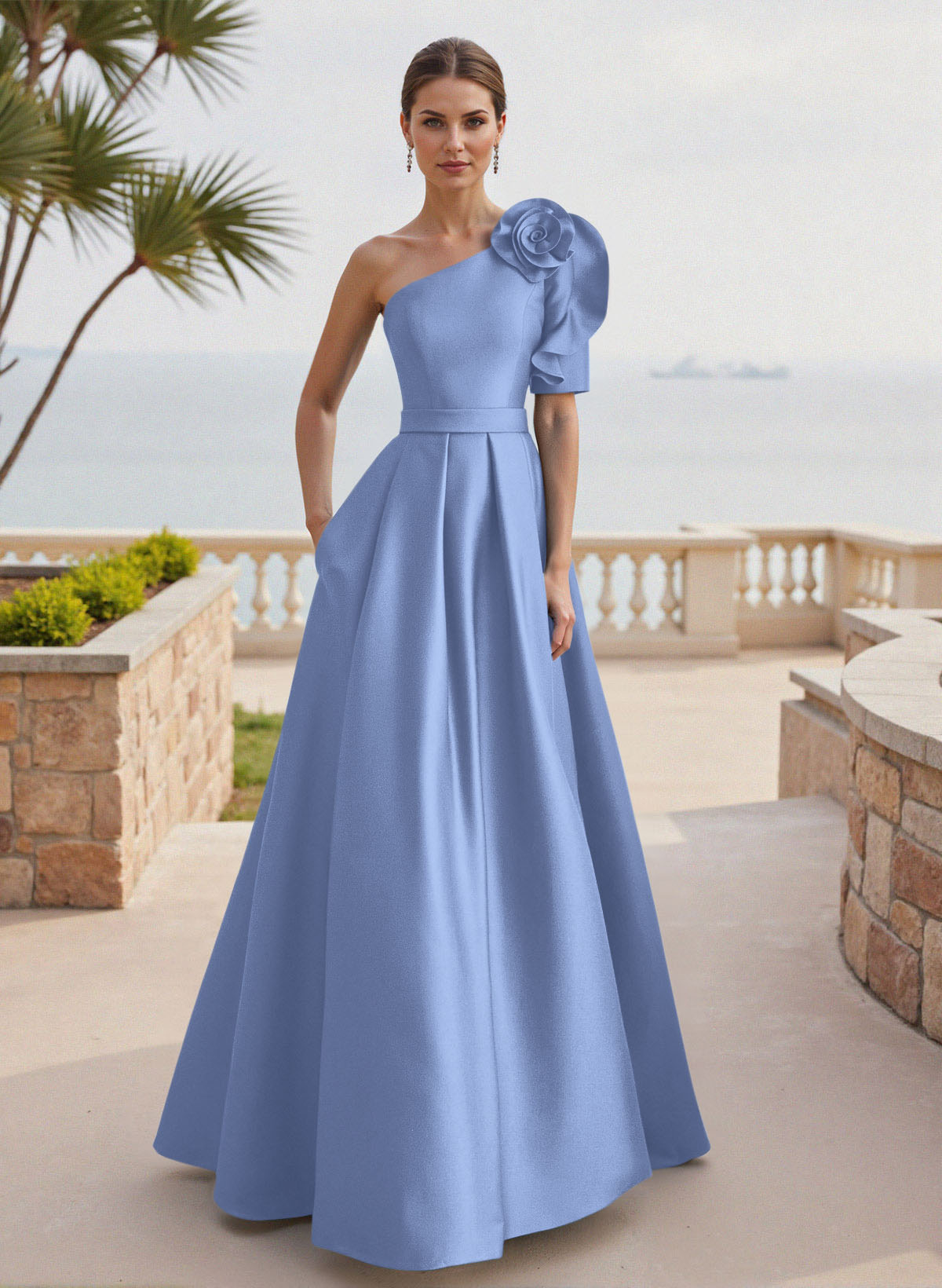 Simple A-Line One-Shoulder 1/2 Sleeves Court Train Satin Mother Of The Bride Dresses With Flower(s)