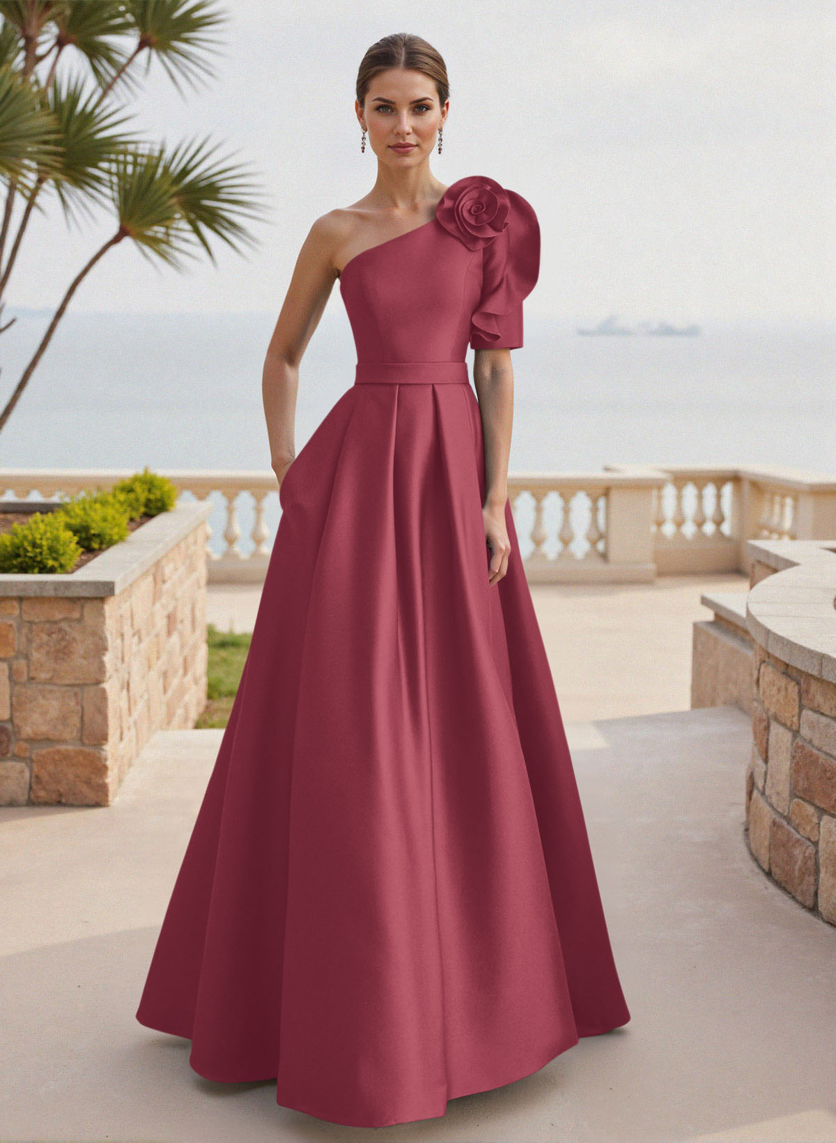 Simple A-Line One-Shoulder 1/2 Sleeves Court Train Satin Mother Of The Bride Dresses With Flower(s)