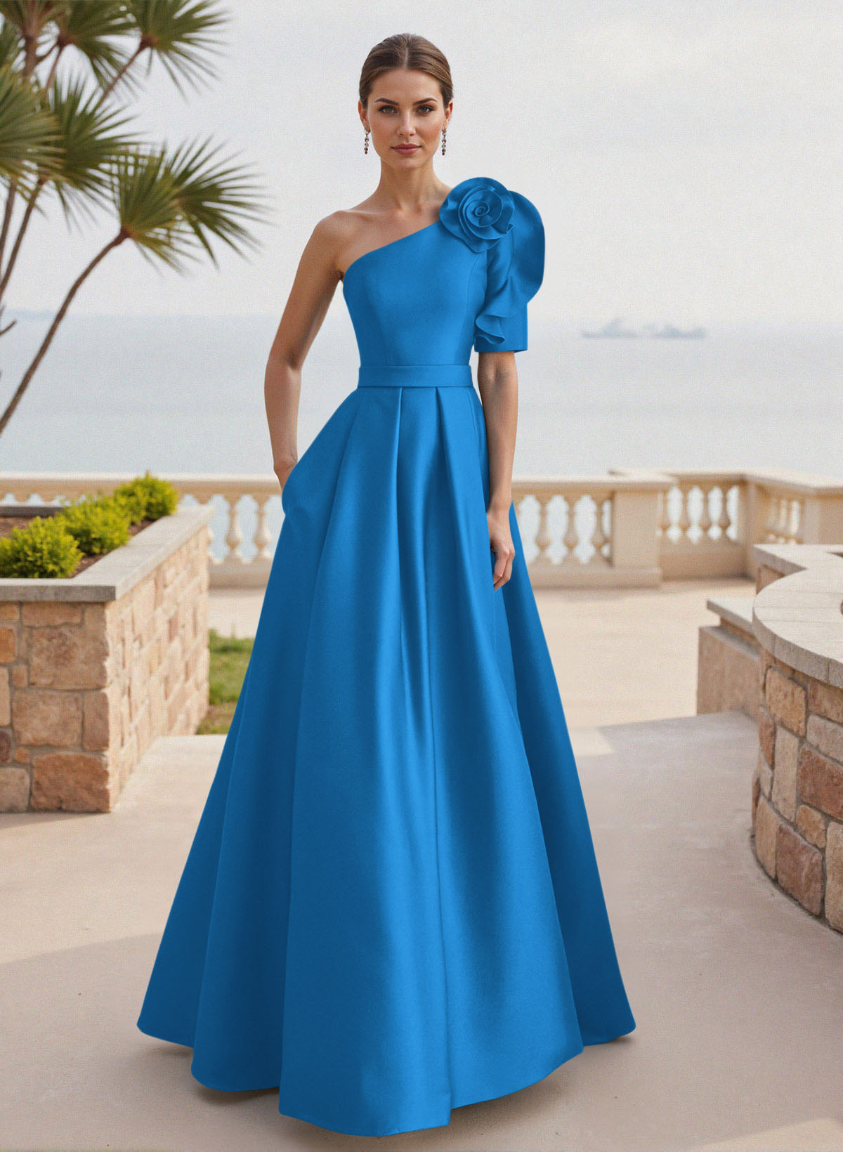 Simple A-Line One-Shoulder 1/2 Sleeves Court Train Satin Mother Of The Bride Dresses With Flower(s)