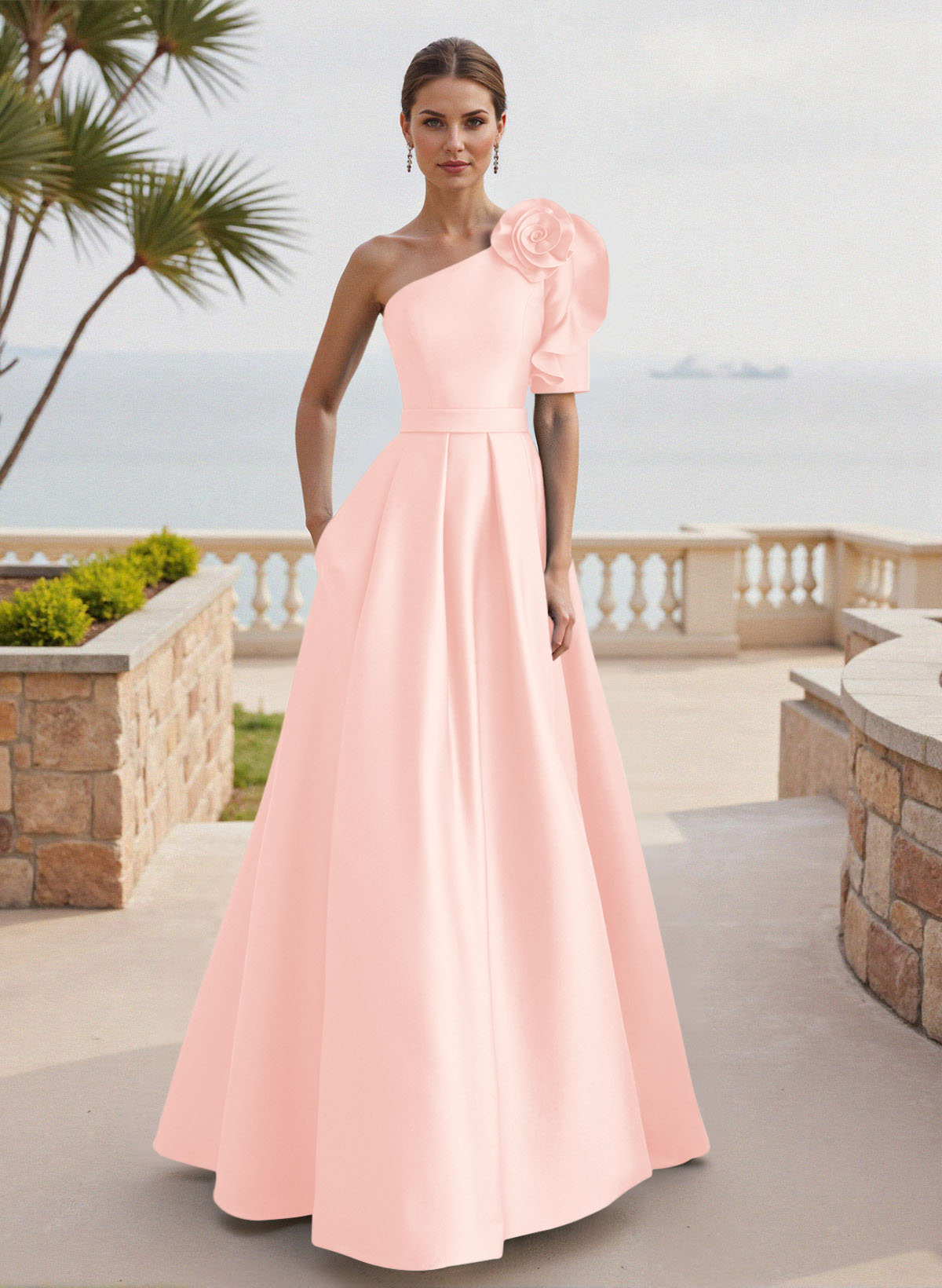 Simple A-Line One-Shoulder 1/2 Sleeves Court Train Satin Mother Of The Bride Dresses With Flower(s)