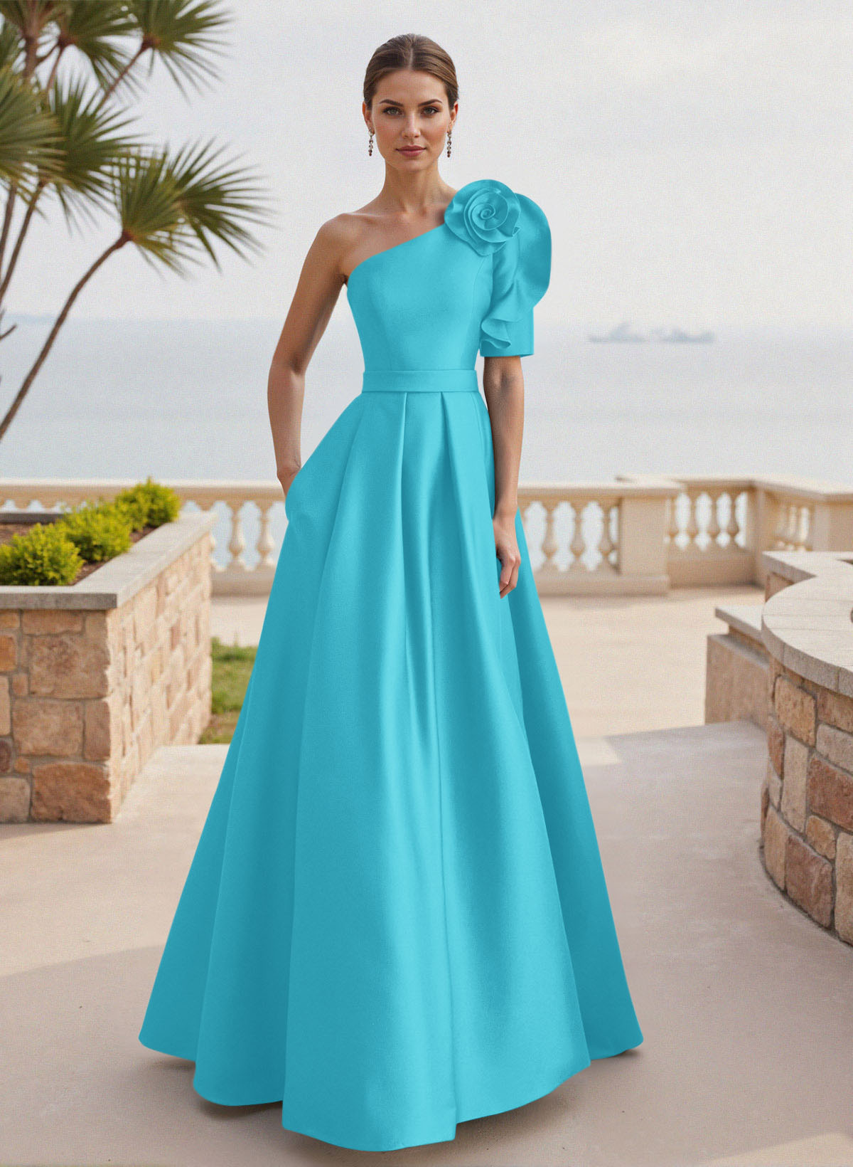 Simple A-Line One-Shoulder 1/2 Sleeves Court Train Satin Mother Of The Bride Dresses With Flower(s)