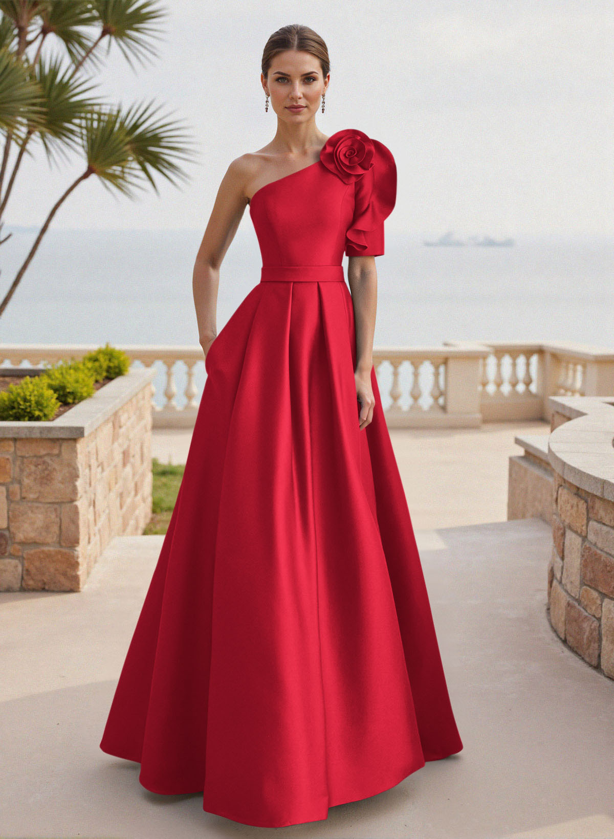 Simple A-Line One-Shoulder 1/2 Sleeves Court Train Satin Mother Of The Bride Dresses With Flower(s)