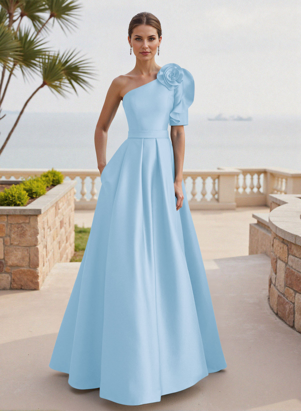 Simple A-Line One-Shoulder 1/2 Sleeves Court Train Satin Mother Of The Bride Dresses With Flower(s)