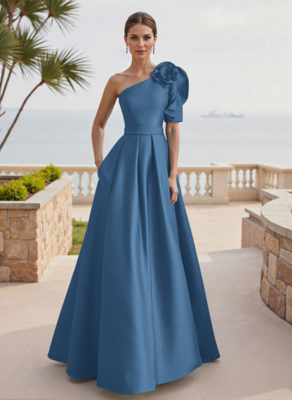 Simple A-Line One-Shoulder 1/2 Sleeves Court Train Satin Mother Of The Bride Dresses With Flower(s)