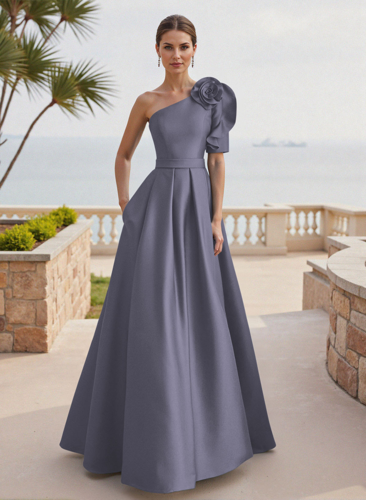 Simple A-Line One-Shoulder 1/2 Sleeves Court Train Satin Mother Of The Bride Dresses With Flower(s)