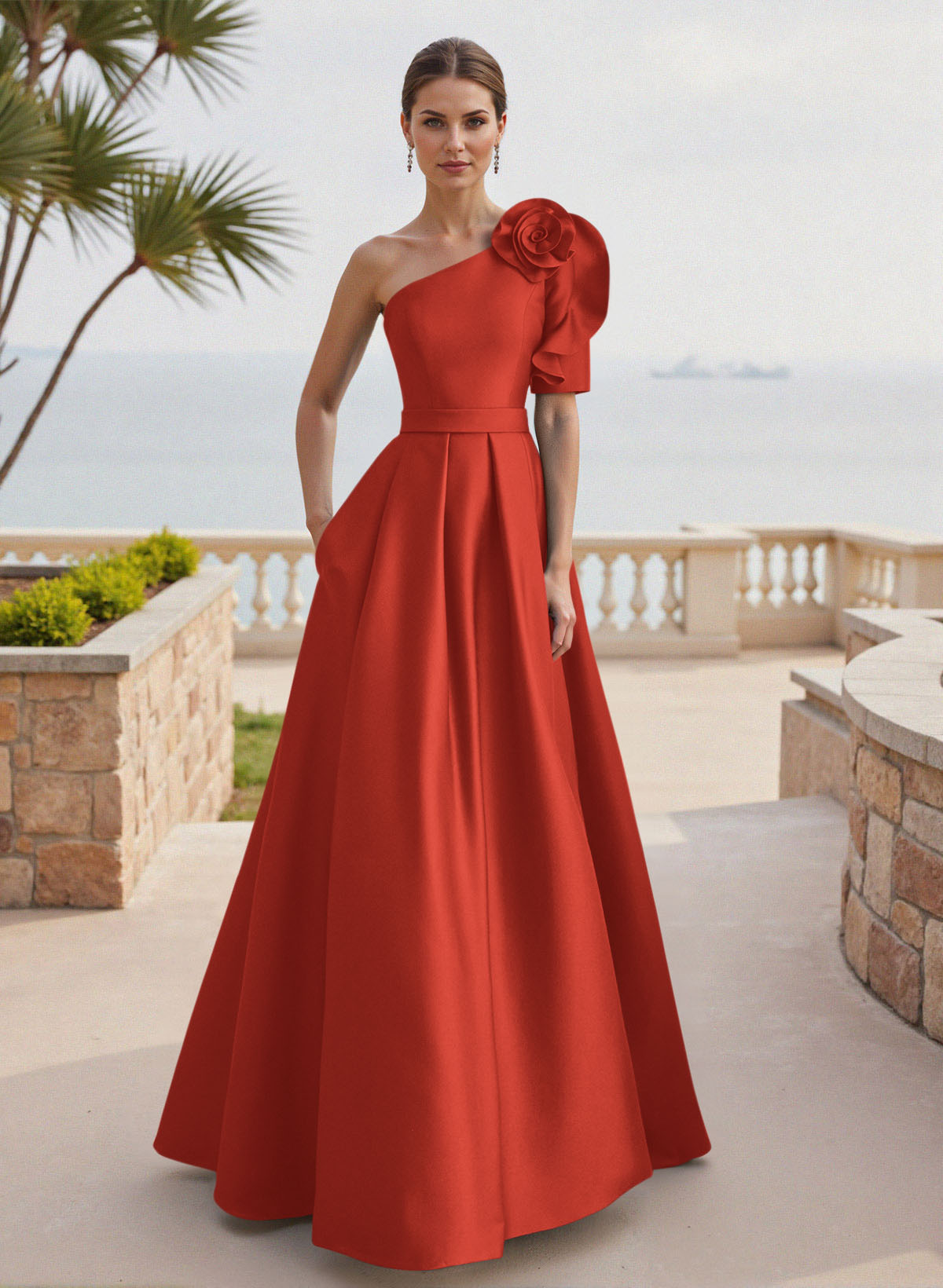Simple A-Line One-Shoulder 1/2 Sleeves Court Train Satin Mother Of The Bride Dresses With Flower(s)