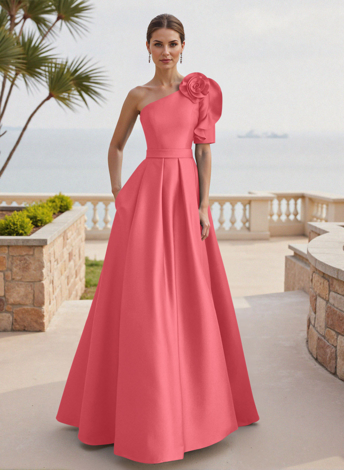 Simple A-Line One-Shoulder 1/2 Sleeves Court Train Satin Mother Of The Bride Dresses With Flower(s)