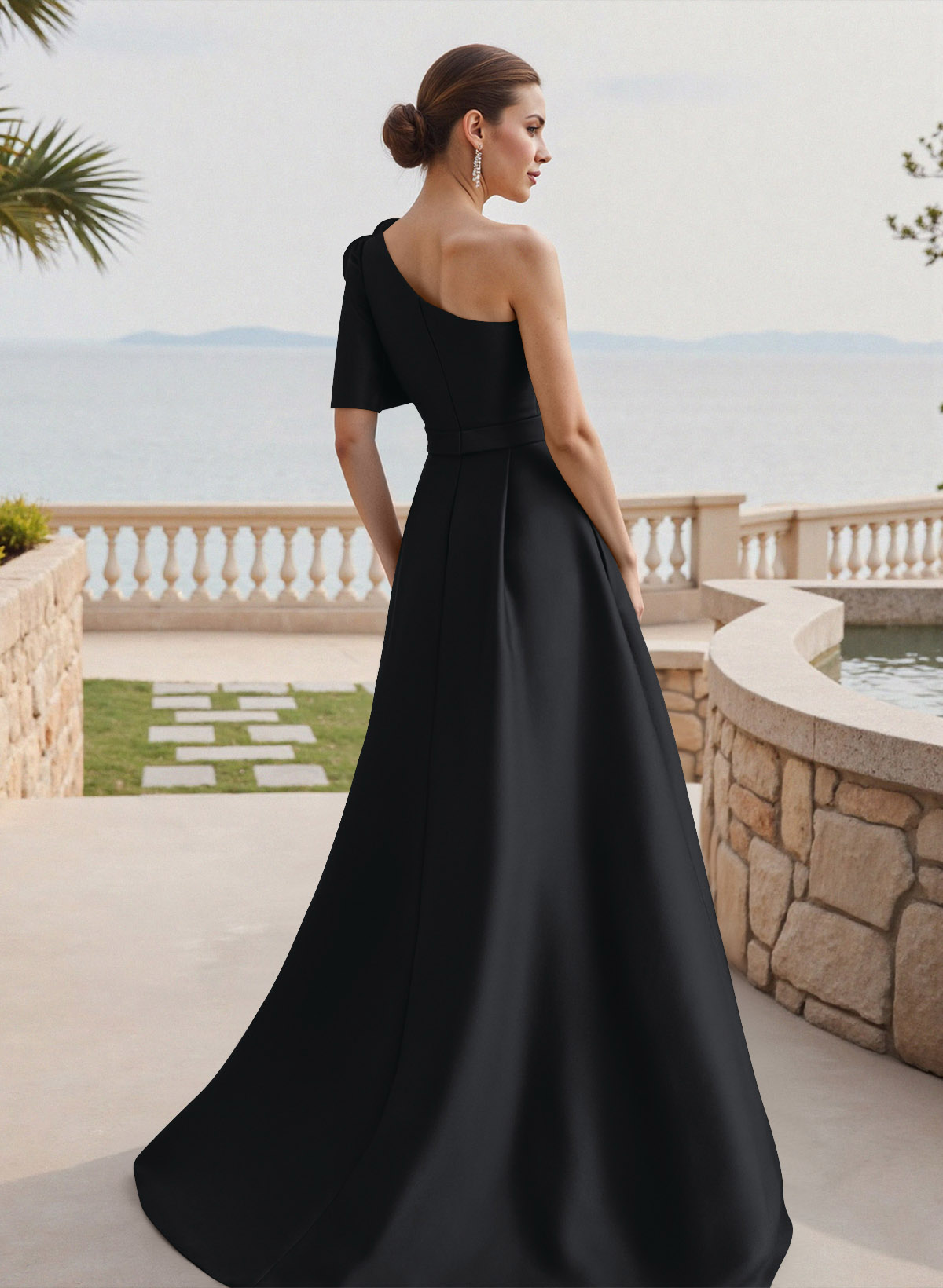 Simple A-Line One-Shoulder 1/2 Sleeves Court Train Satin Mother Of The Bride Dresses With Flower(s)