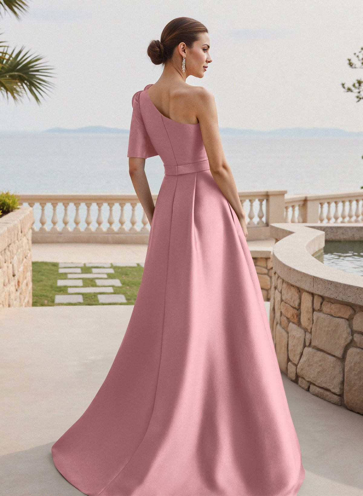 Simple A-Line One-Shoulder 1/2 Sleeves Court Train Satin Mother Of The Bride Dresses With Flower(s)