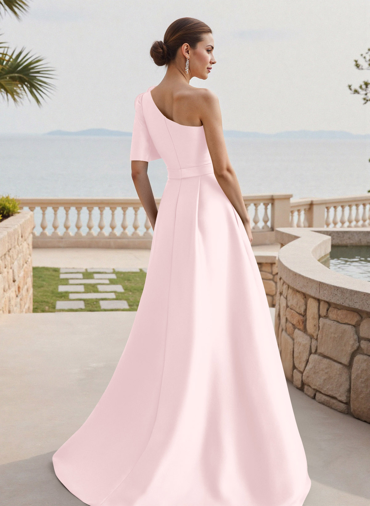 Simple A-Line One-Shoulder 1/2 Sleeves Court Train Satin Mother Of The Bride Dresses With Flower(s)