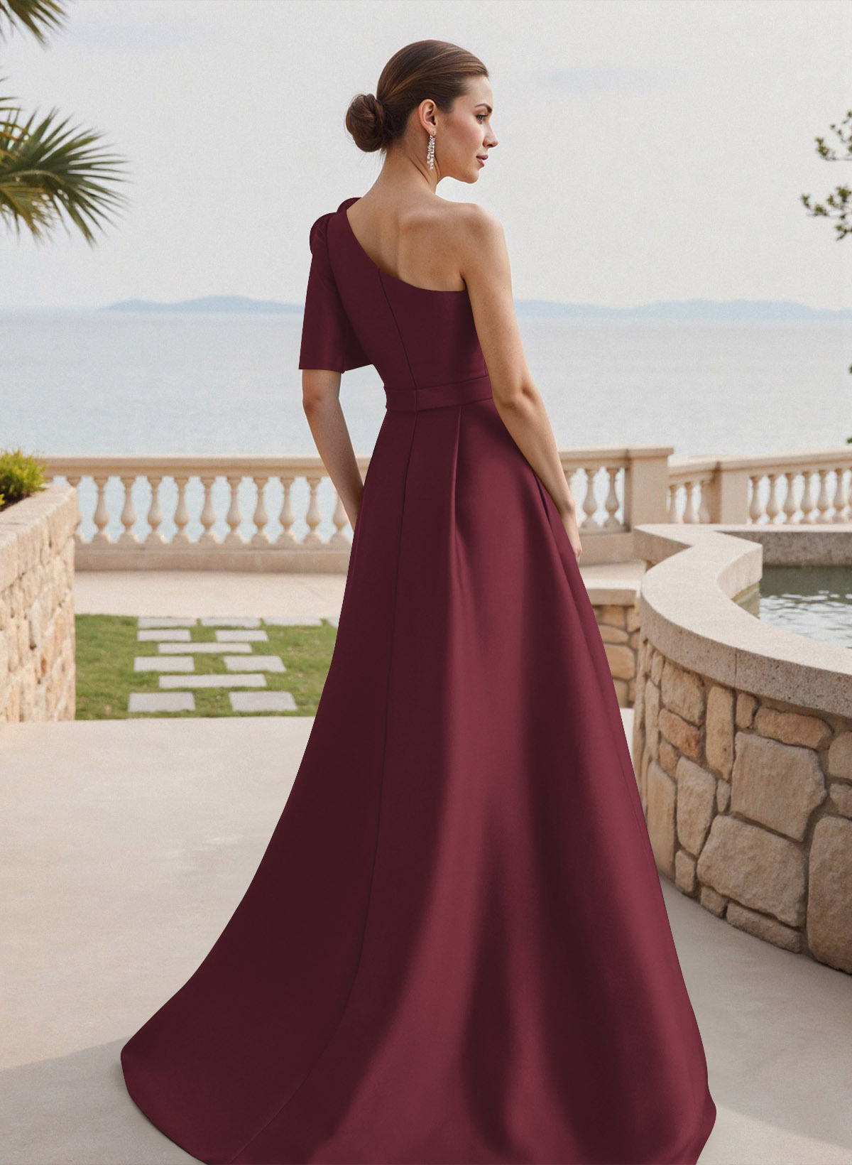 Simple A-Line One-Shoulder 1/2 Sleeves Court Train Satin Mother Of The Bride Dresses With Flower(s)