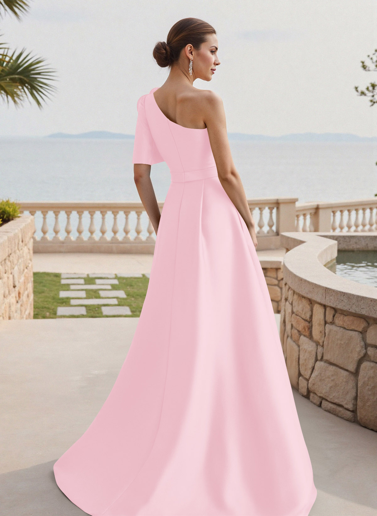 Simple A-Line One-Shoulder 1/2 Sleeves Court Train Satin Mother Of The Bride Dresses With Flower(s)