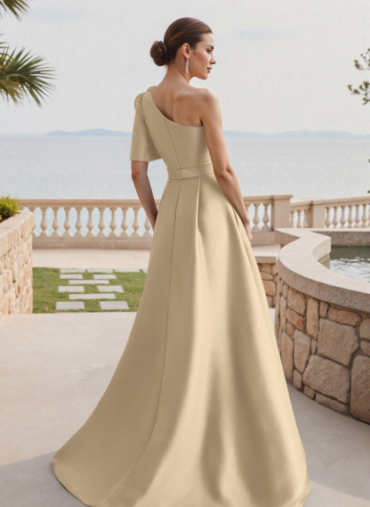 Simple A-Line One-Shoulder 1/2 Sleeves Court Train Satin Mother Of The Bride Dresses With Flower(s)
