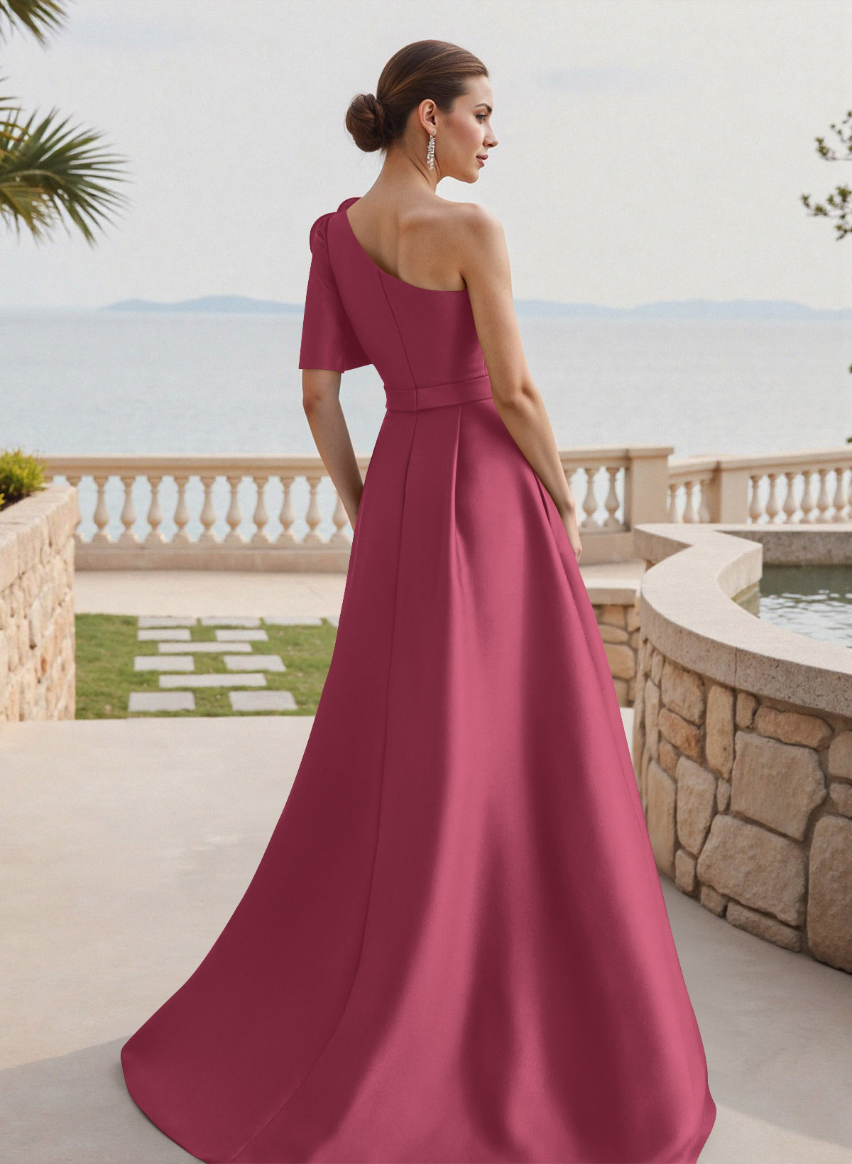 Simple A-Line One-Shoulder 1/2 Sleeves Court Train Satin Mother Of The Bride Dresses With Flower(s)