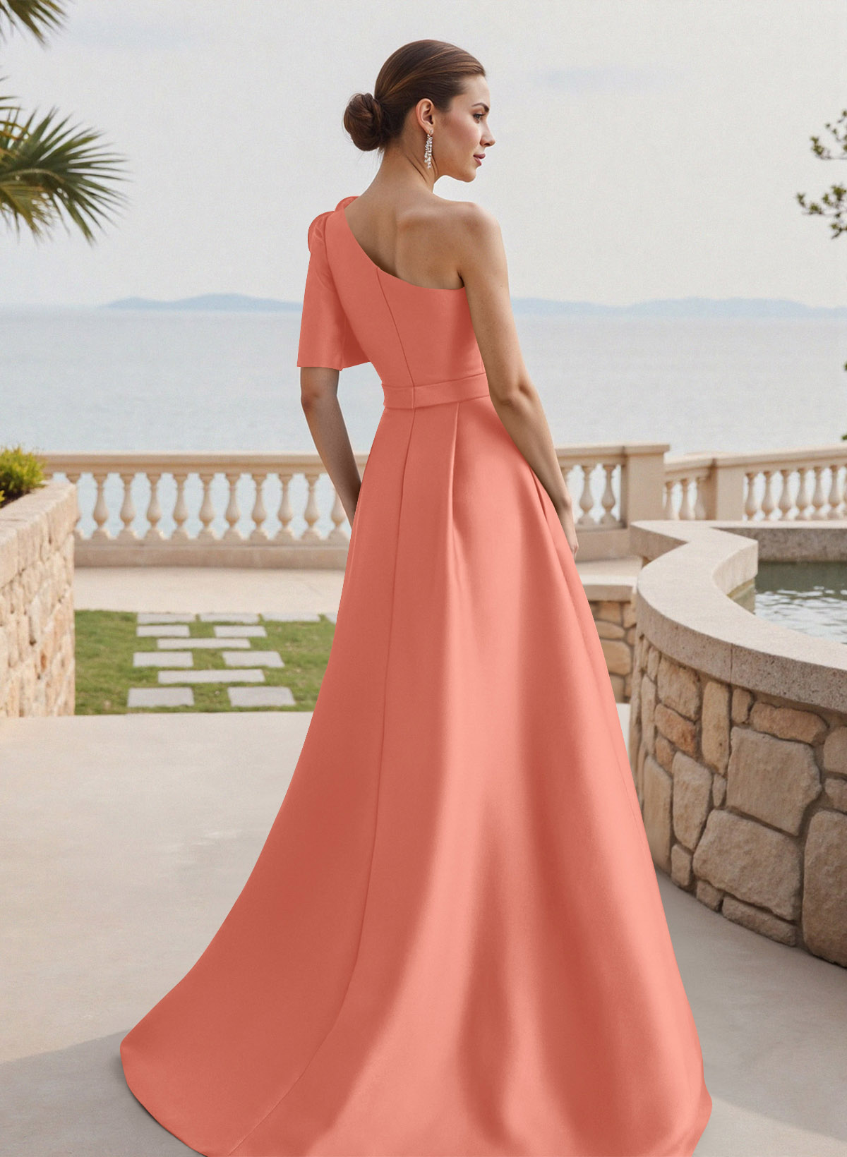 Simple A-Line One-Shoulder 1/2 Sleeves Court Train Satin Mother Of The Bride Dresses With Flower(s)