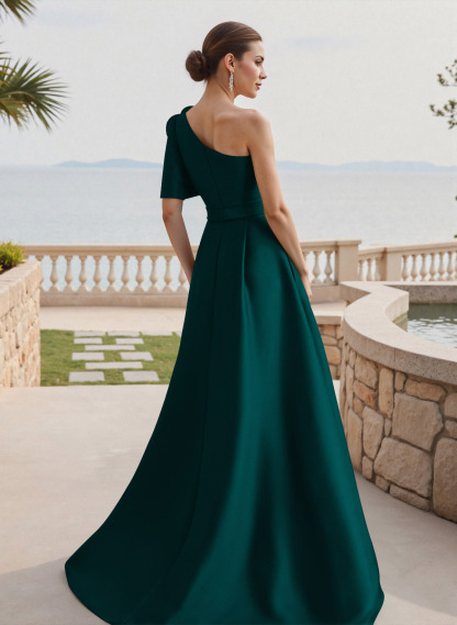 Simple A-Line One-Shoulder 1/2 Sleeves Court Train Satin Mother Of The Bride Dresses With Flower(s)