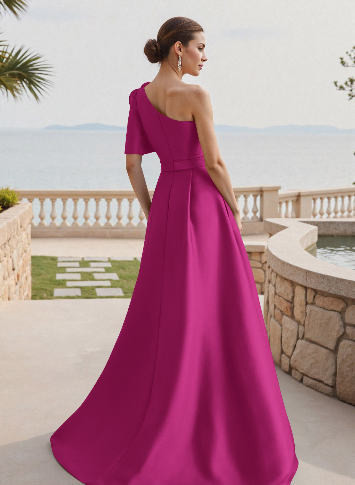 Simple A-Line One-Shoulder 1/2 Sleeves Court Train Satin Mother Of The Bride Dresses With Flower(s)