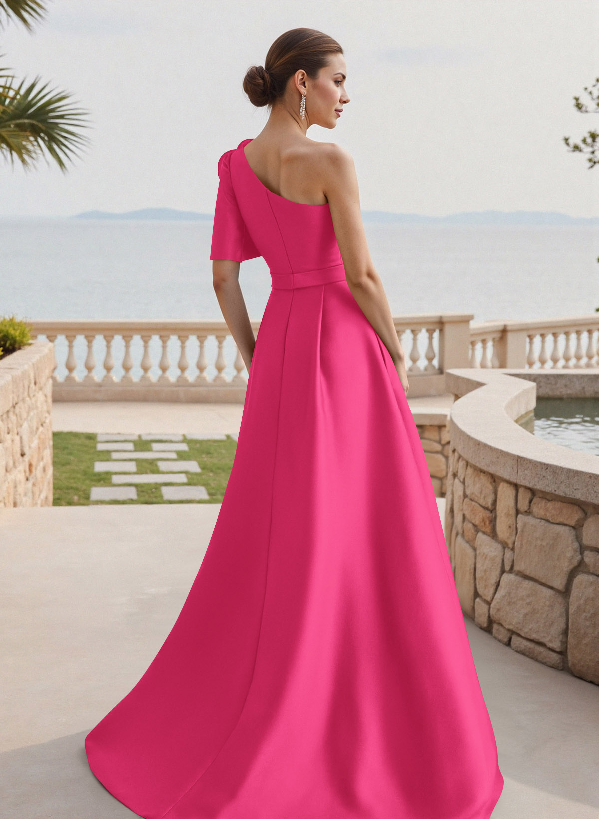 Simple A-Line One-Shoulder 1/2 Sleeves Court Train Satin Mother Of The Bride Dresses With Flower(s)