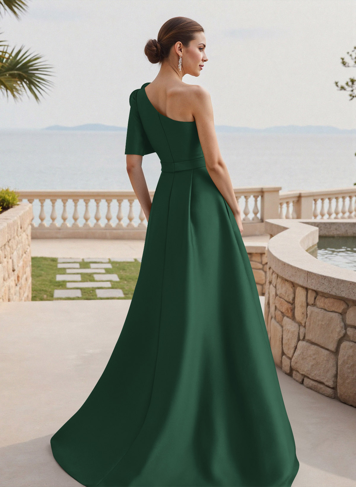 Simple A-Line One-Shoulder 1/2 Sleeves Court Train Satin Mother Of The Bride Dresses With Flower(s)