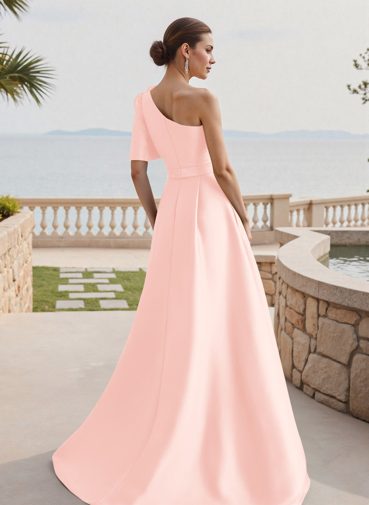 Simple A-Line One-Shoulder 1/2 Sleeves Court Train Satin Mother Of The Bride Dresses With Flower(s)