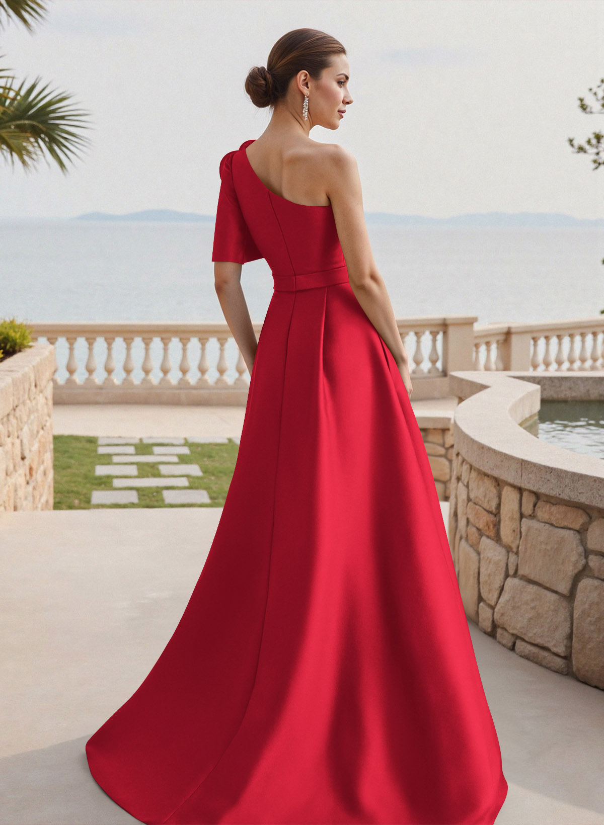 Simple A-Line One-Shoulder 1/2 Sleeves Court Train Satin Mother Of The Bride Dresses With Flower(s)