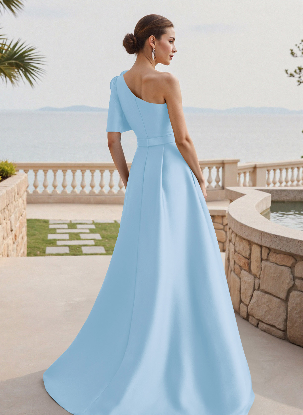 Simple A-Line One-Shoulder 1/2 Sleeves Court Train Satin Mother Of The Bride Dresses With Flower(s)