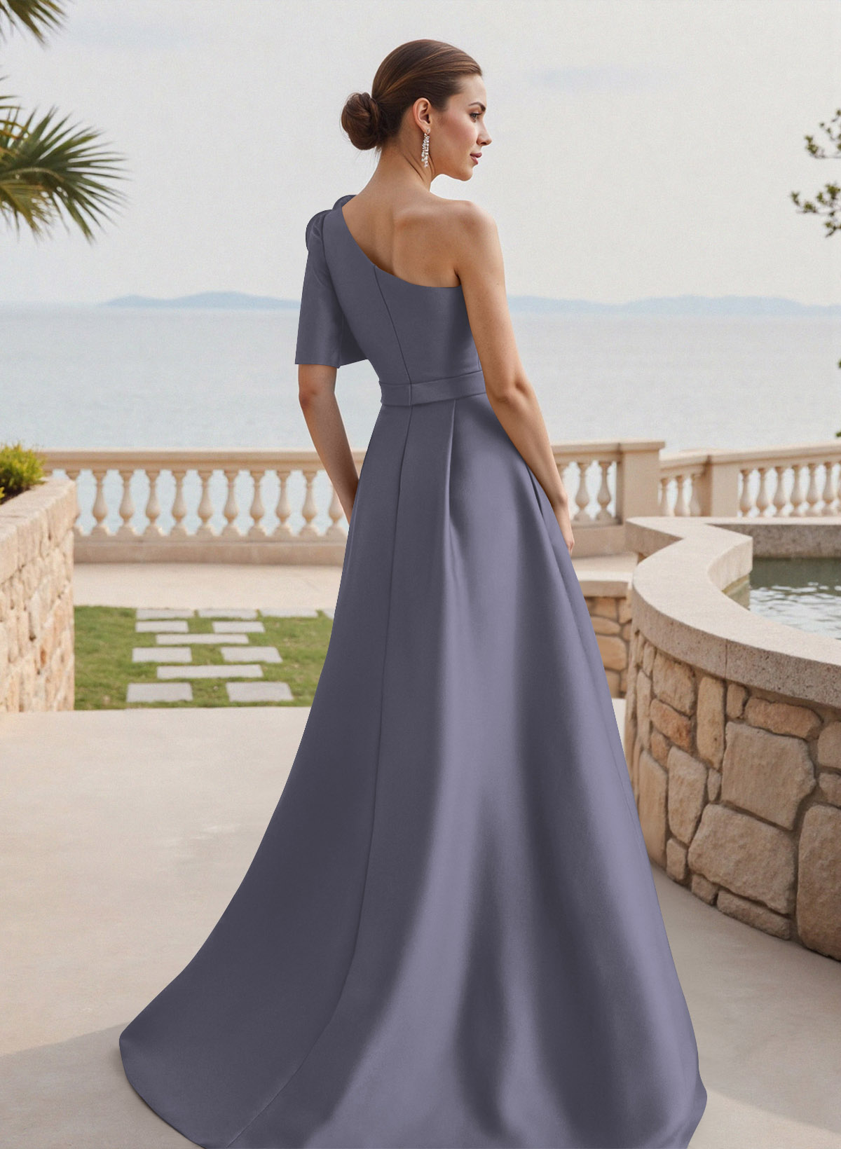 Simple A-Line One-Shoulder 1/2 Sleeves Court Train Satin Mother Of The Bride Dresses With Flower(s)