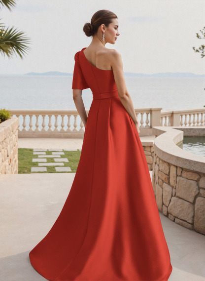 Simple A-Line One-Shoulder 1/2 Sleeves Court Train Satin Mother Of The Bride Dresses With Flower(s)