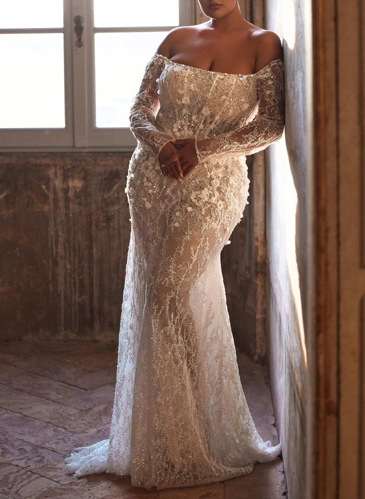 Sparkle & Shine Flower(s) Off-The-Shoulder Long Sleeves Mermaid Sweep Train Lace/Sequined Wedding Dresses in As Picture, US2